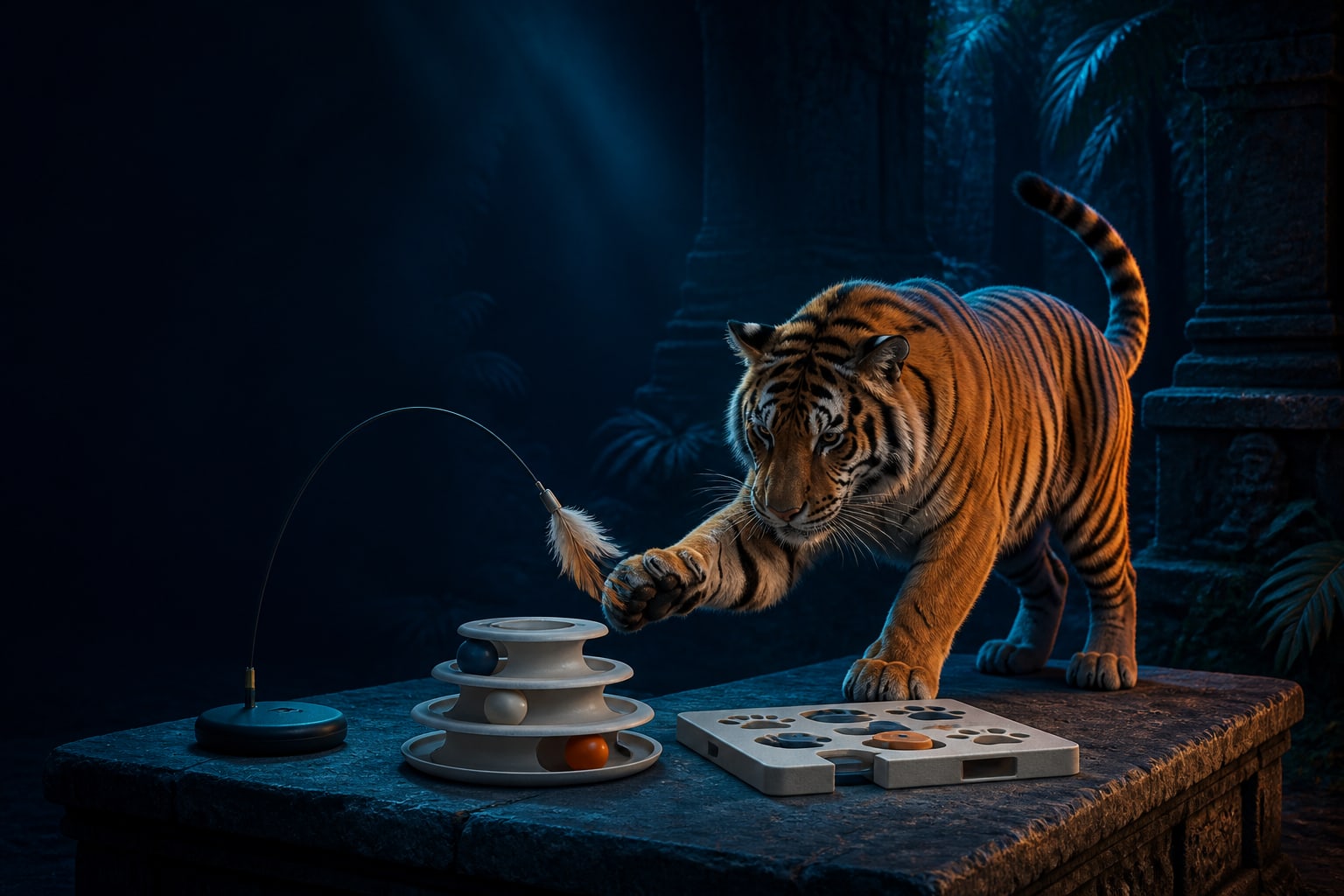 A stylized tiger beside generic wand, track, and puzzle-toy forms