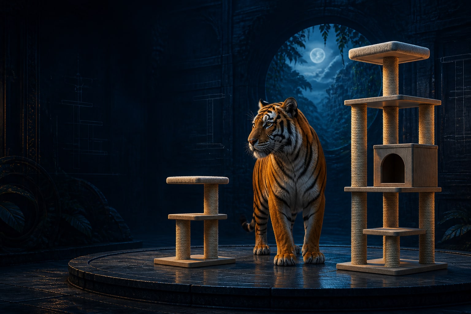 A stylized tiger between generic compact and tall cat-tree structures
