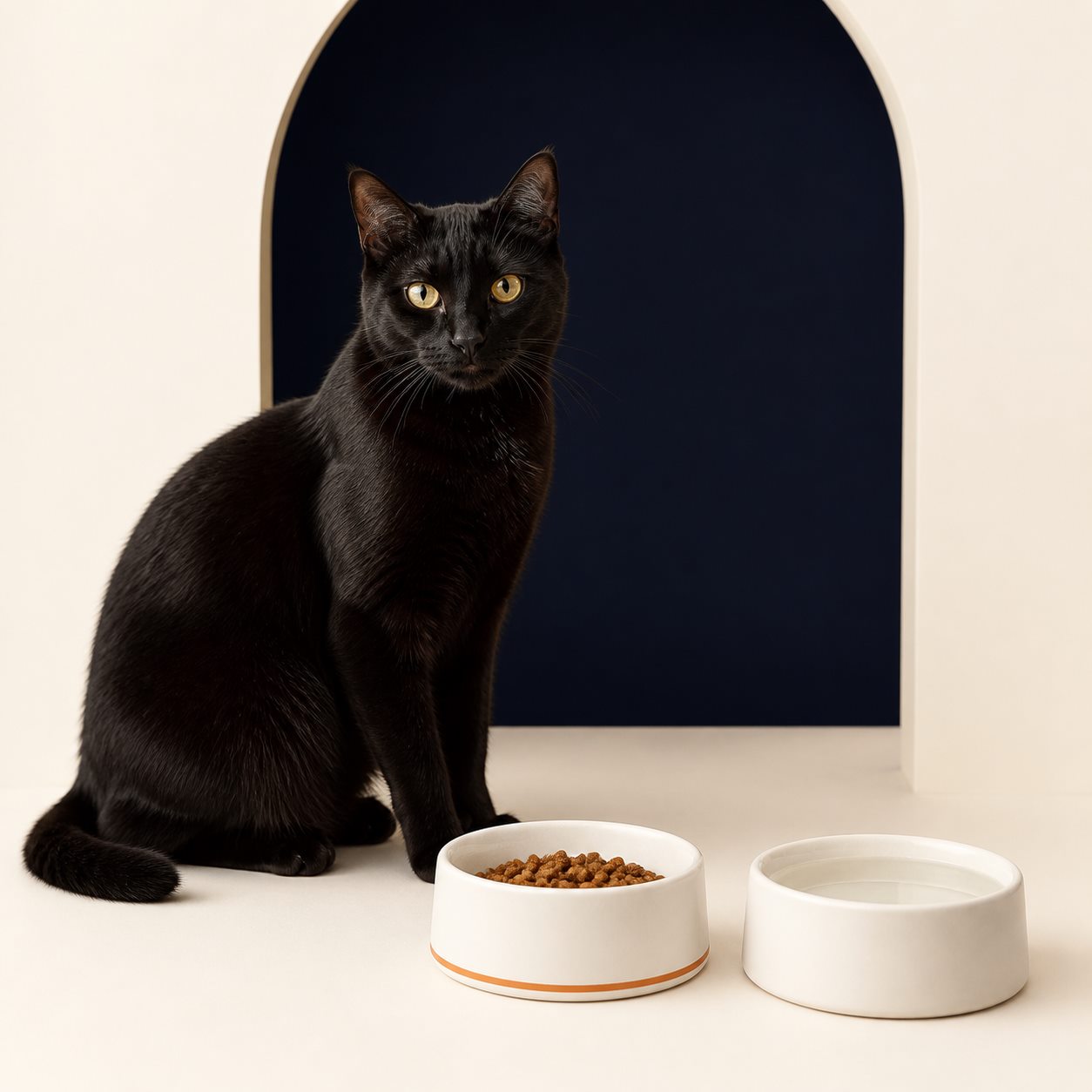 Black cat beside food and water bowls