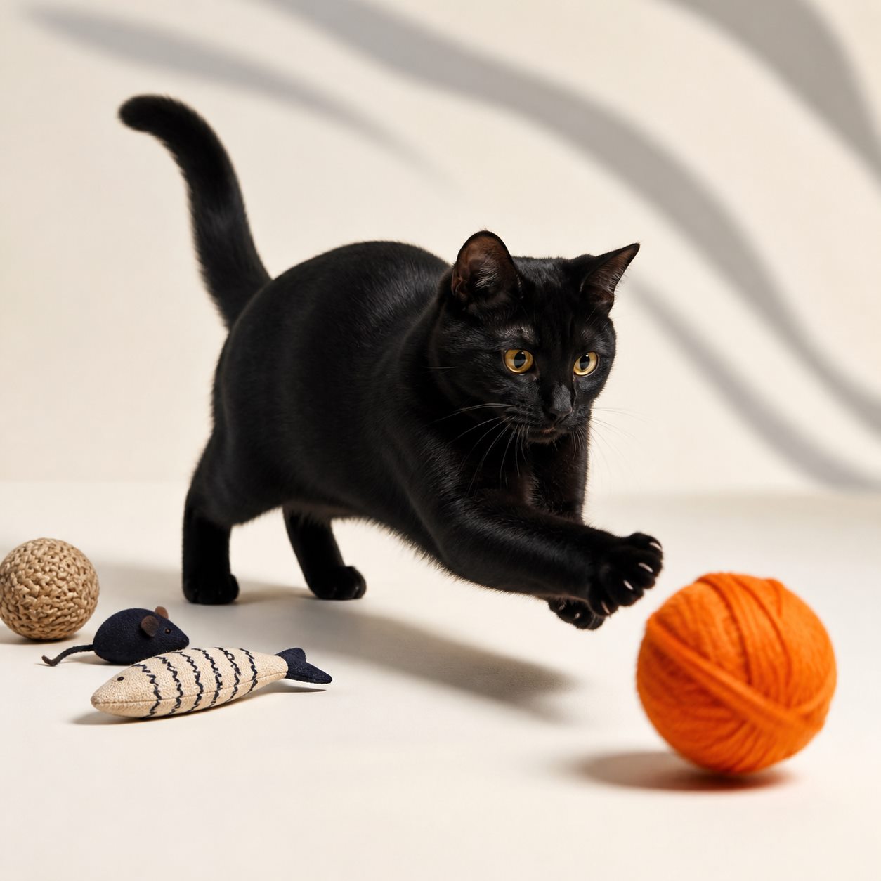 Black cat playing with an orange ball of yarn
