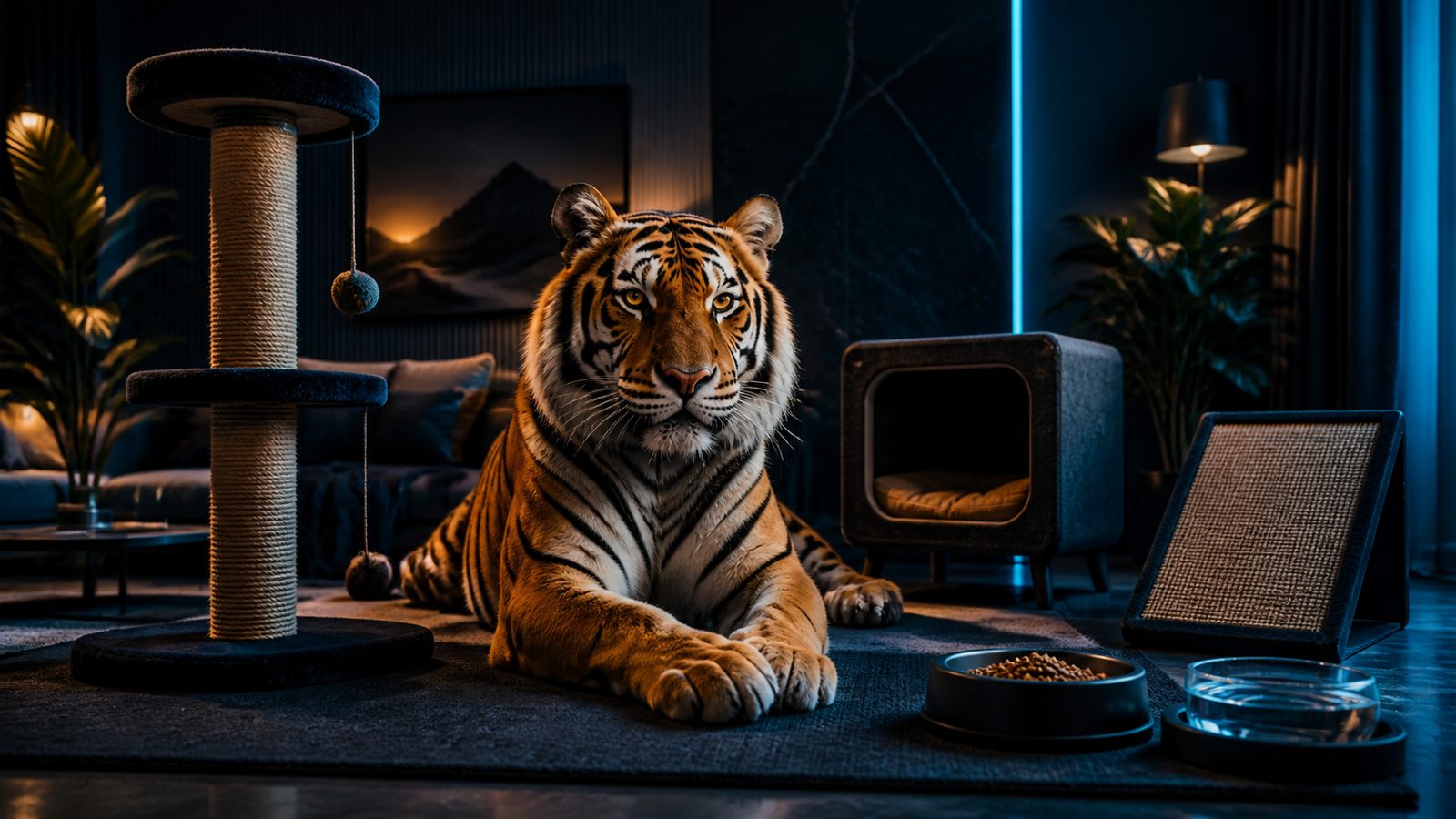 3D-rendered Bengal tiger beside a stable scratching post, retreat, and separate feeding and water bowls