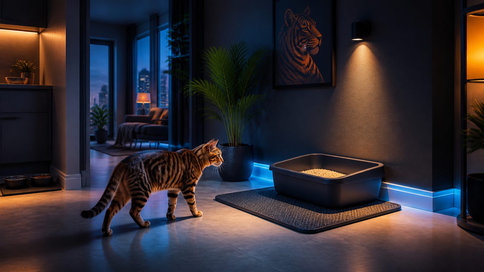 Tiger-striped cat approaching a clean open litter box with an unobstructed route in a quiet apartment area