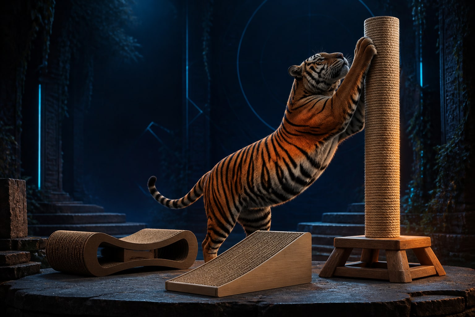A stylized tiger stretching on a generic tall sisal post beside horizontal scratchers