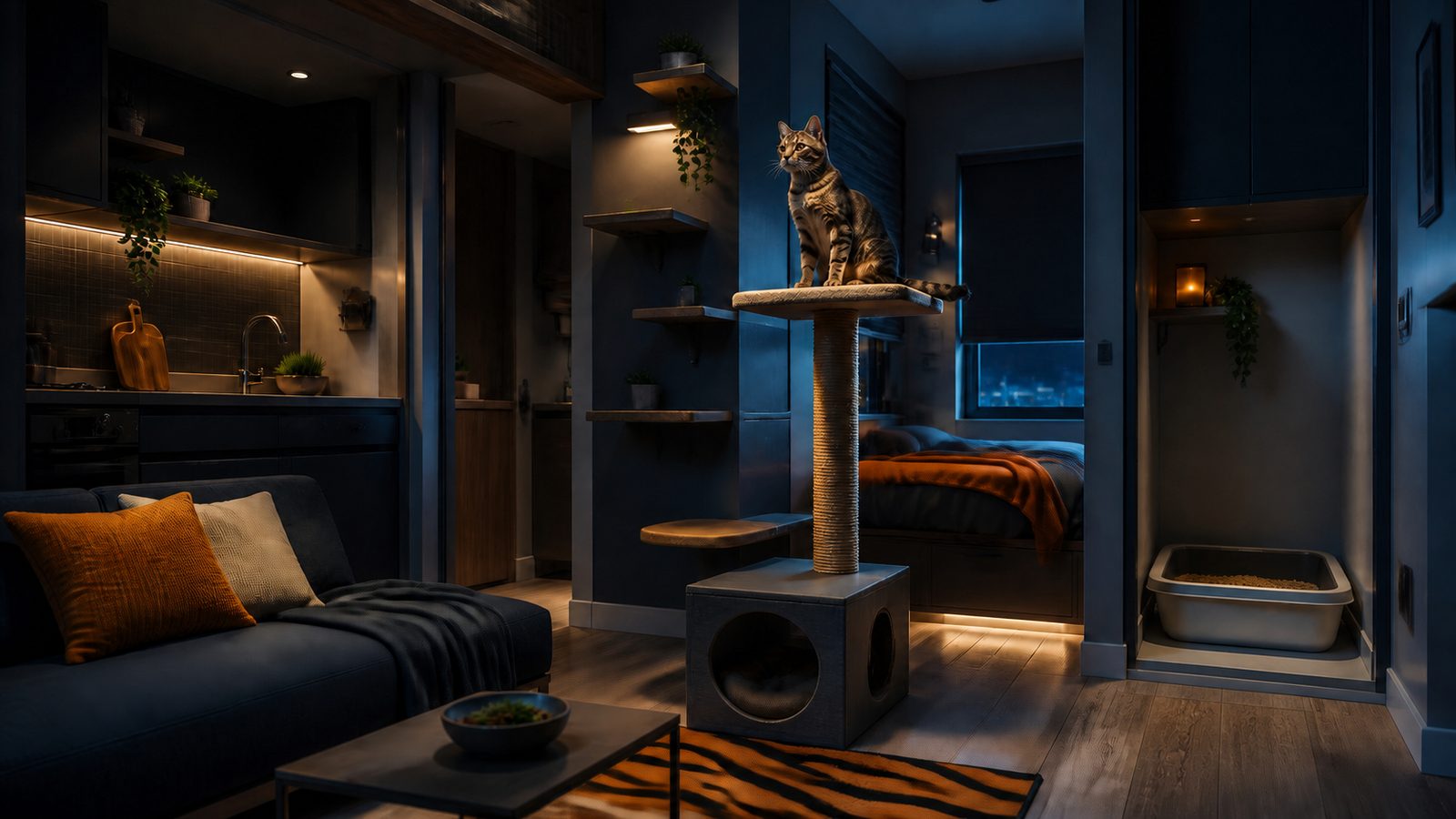 Tiger-striped cat on a compact cat tree in a small apartment with wall perches, a retreat, and a separate litter alcove